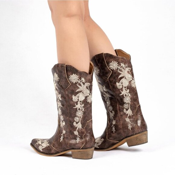 Women's Rhinestones Unique Embroidery Mid Wide Calf Snip Toe Brown Western Boots - Picture 7 of 8